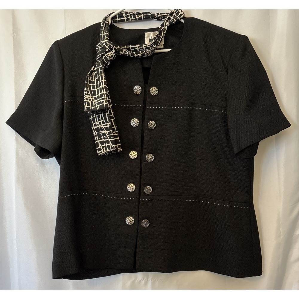 VTG Leslie Fay Black Blouse‎ Button Up Silver Buttons Short Sleeve W Scarf  18